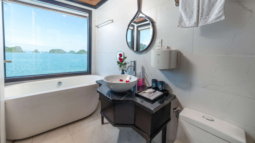 Luxury bathroom with a bathtub and best Halong view