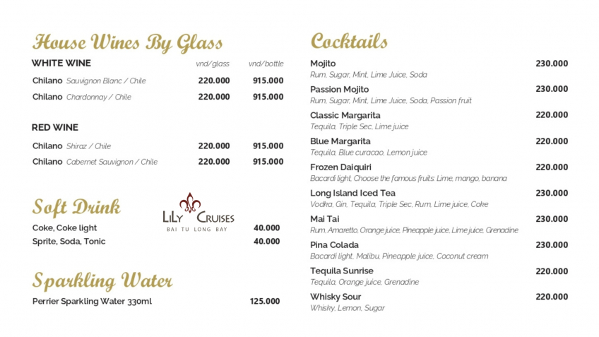 Drink Menu On Lily Cruise