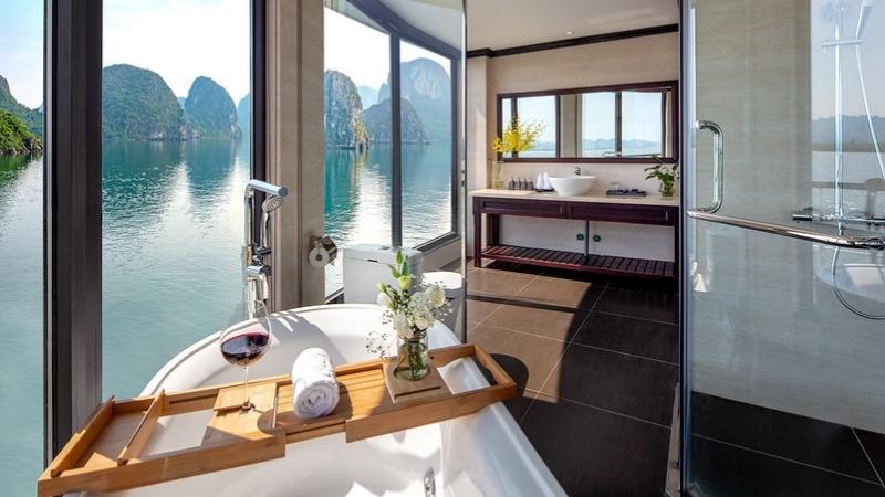 Large bathroom with pretty view of bay