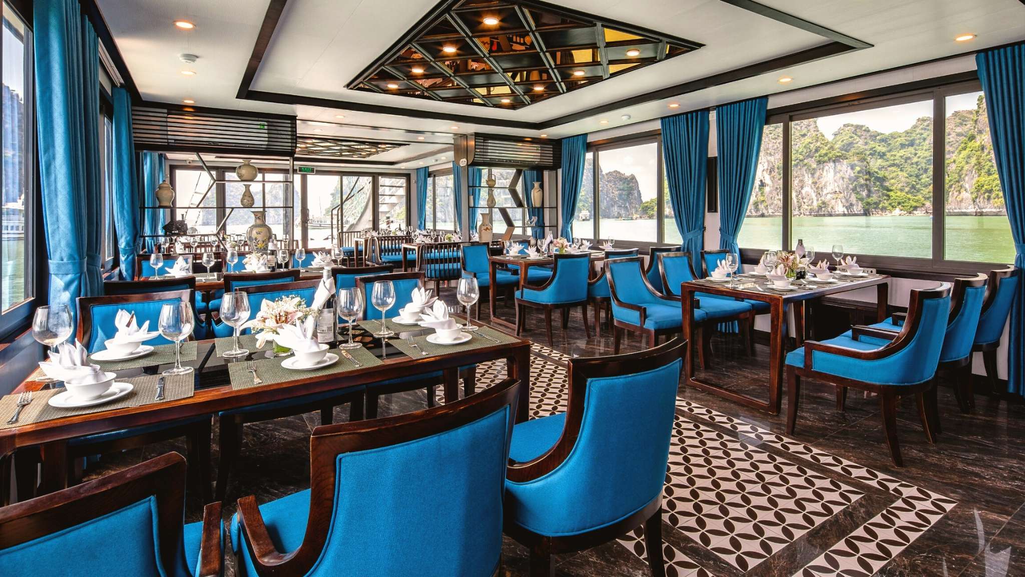 Luxury Restaurant On Light Day Cruise With Halong Panorama