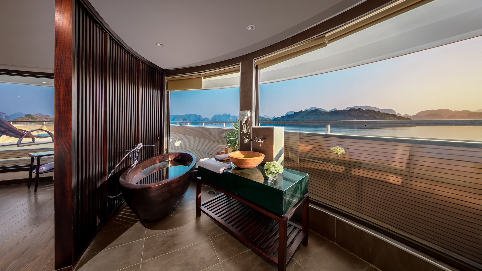 Panorama view from wooden bathtub
