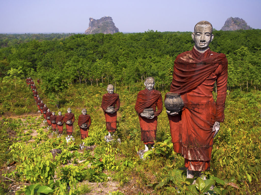 Statues Of Buddhist Monks In The Forest, Mawlamyine