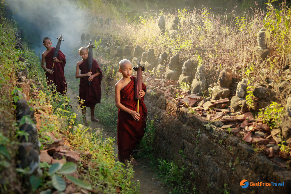 Buddhist Novice Monk Are Walking In Pagoda
