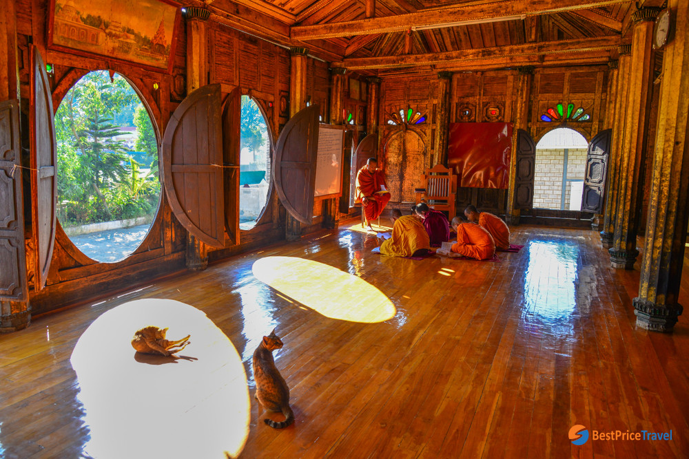 Young Samaneras (novice Monks) are studying in Prayer Hall