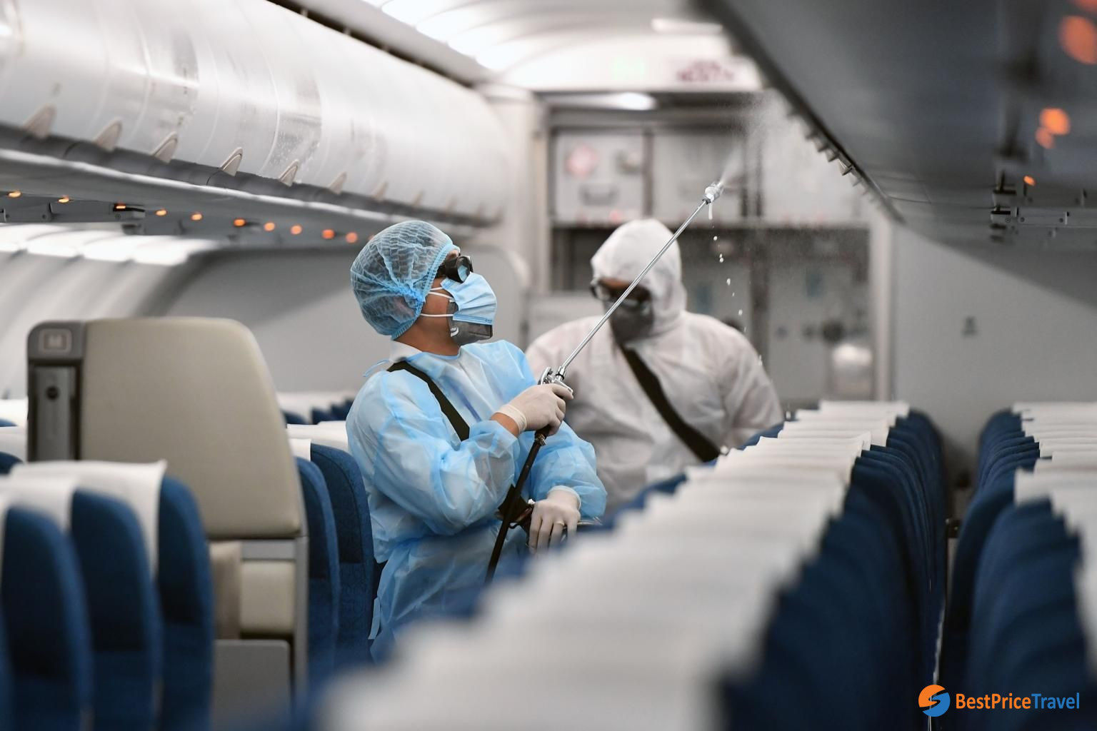 Vietnam Airlines staffs are sterilizing the cabin to avoid the COVID-19