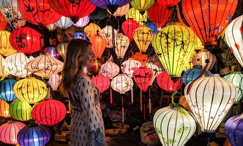 Taking picture at night market in Hoian