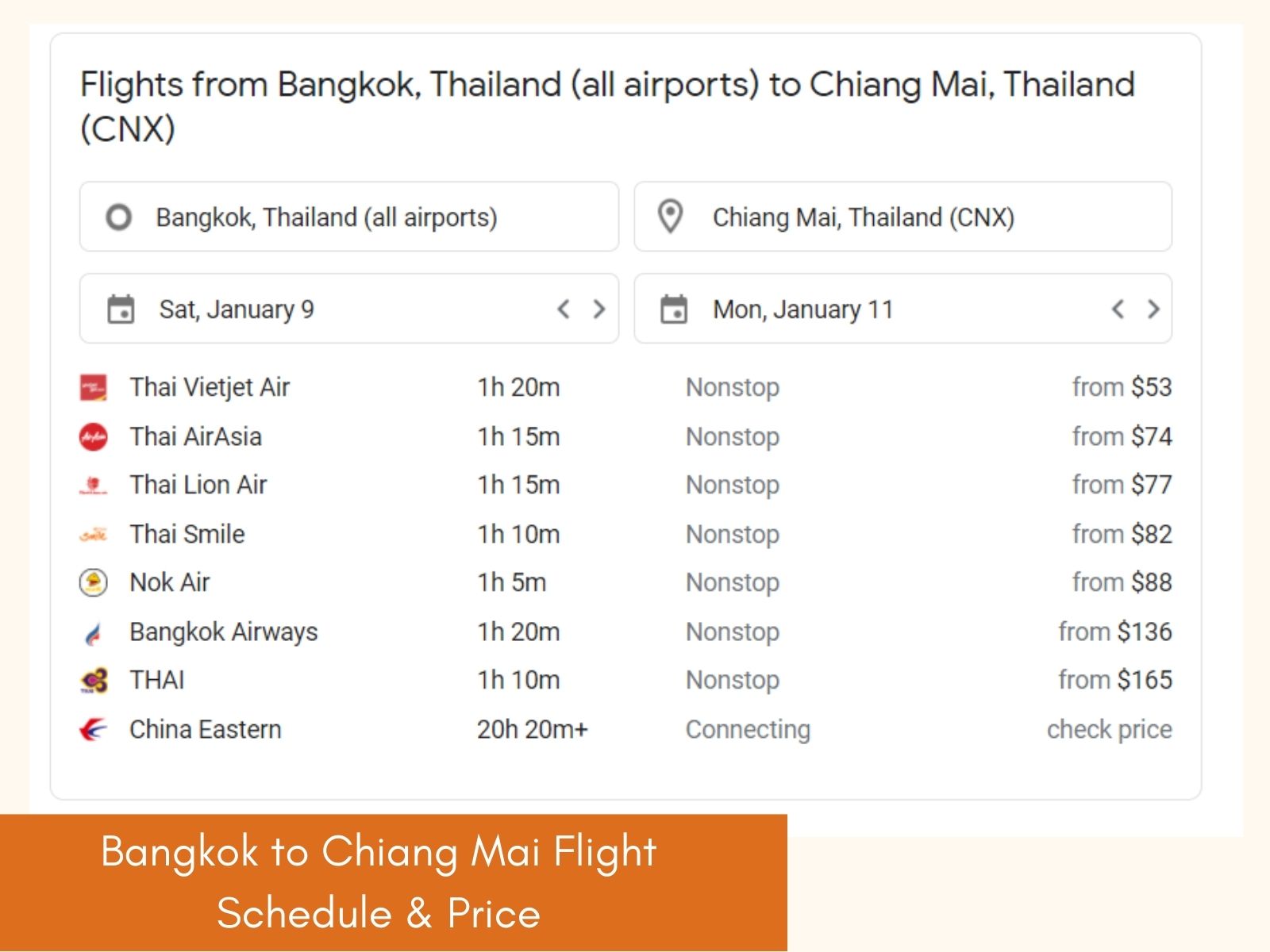 Bangkok to Chiang Mai Airline flight and price