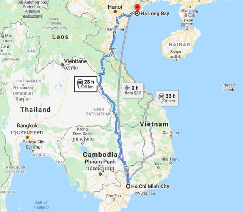 Map Of Distance From Ho Chi Minh City To Halong Bay long and short cruise