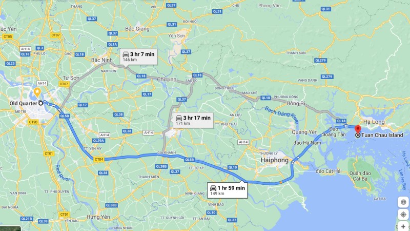 Hanoi to Tuan Chau pier, Halong Bay distance and travel time