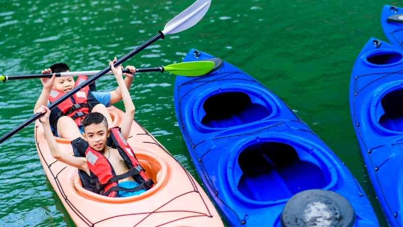 Kayaking in Halong Bay with kids