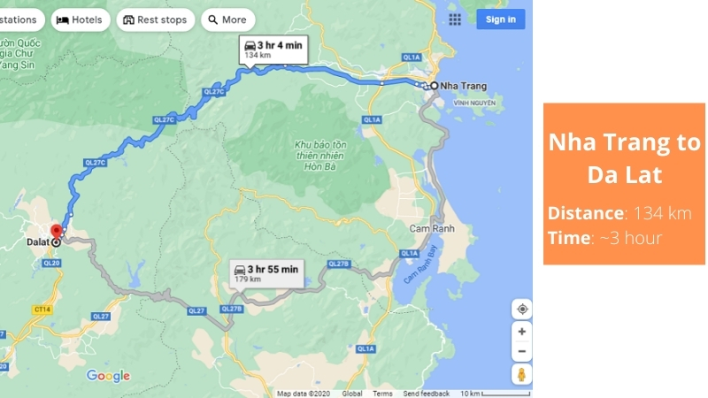 Nha Trang to Da Lat travel map