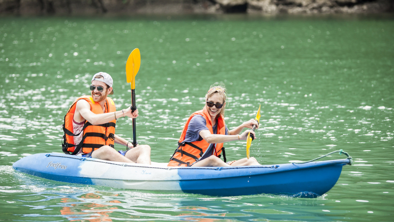 Kayaking on emerald water