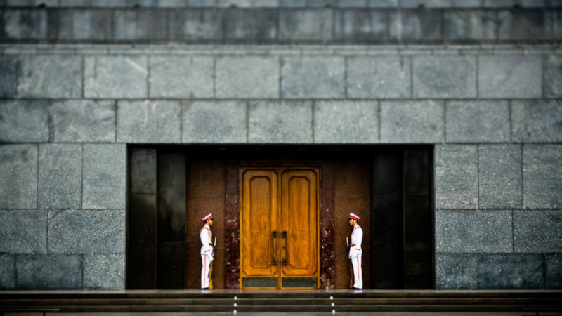 Soldiers Stand Guard The Entrance Of Ho Chi Minh's Mausoleum