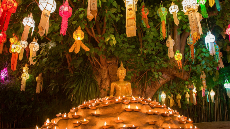 Wat Phan Tao At Night With Colorful Lanterns