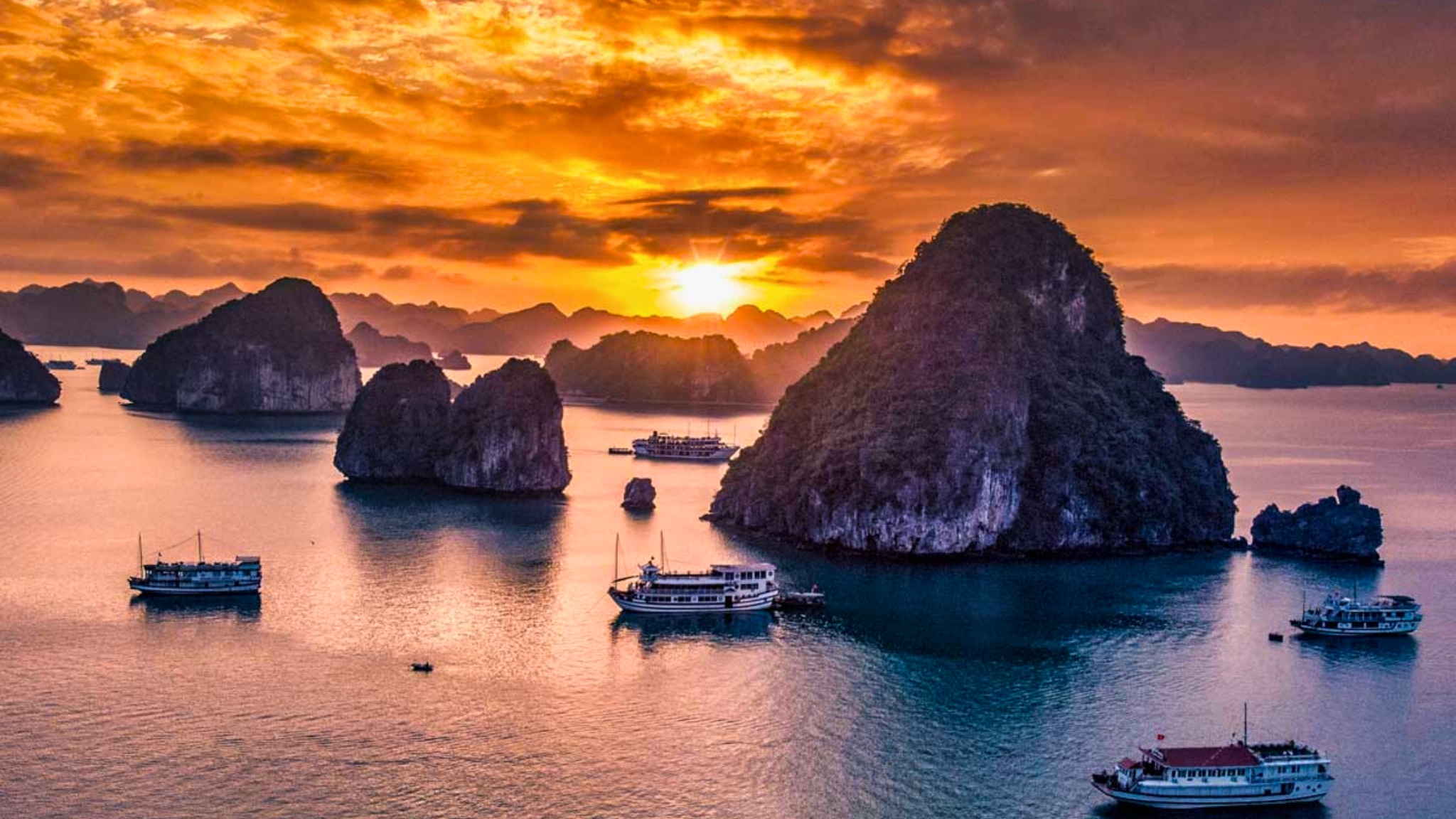 Breathtaking View Of Halong Bay In The Sunset