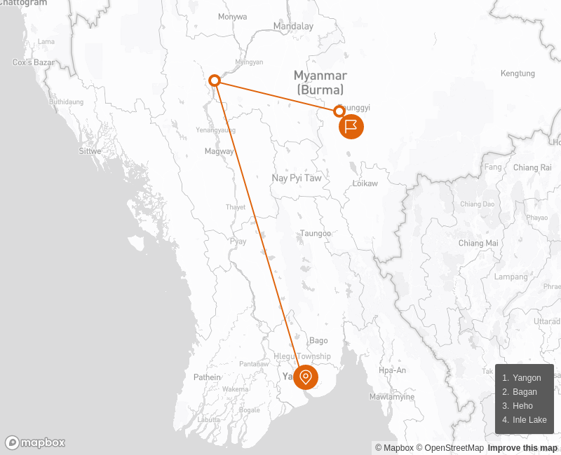 Bird's eye view Myanmar 7 days Route Map