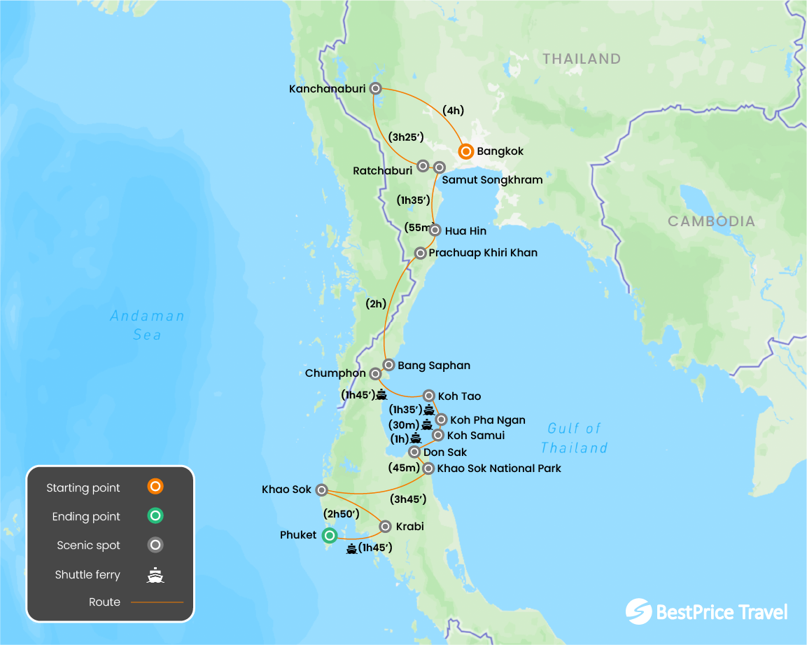 Central & South Thailand Beach Holiday 15 days Tour Map