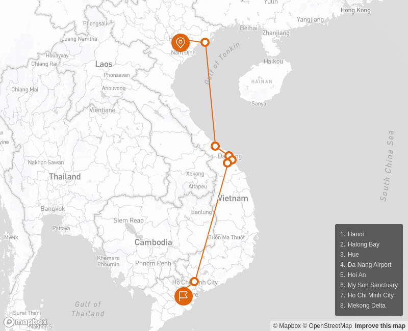 Classic Vietnam Historical Sites 14 days Route Map