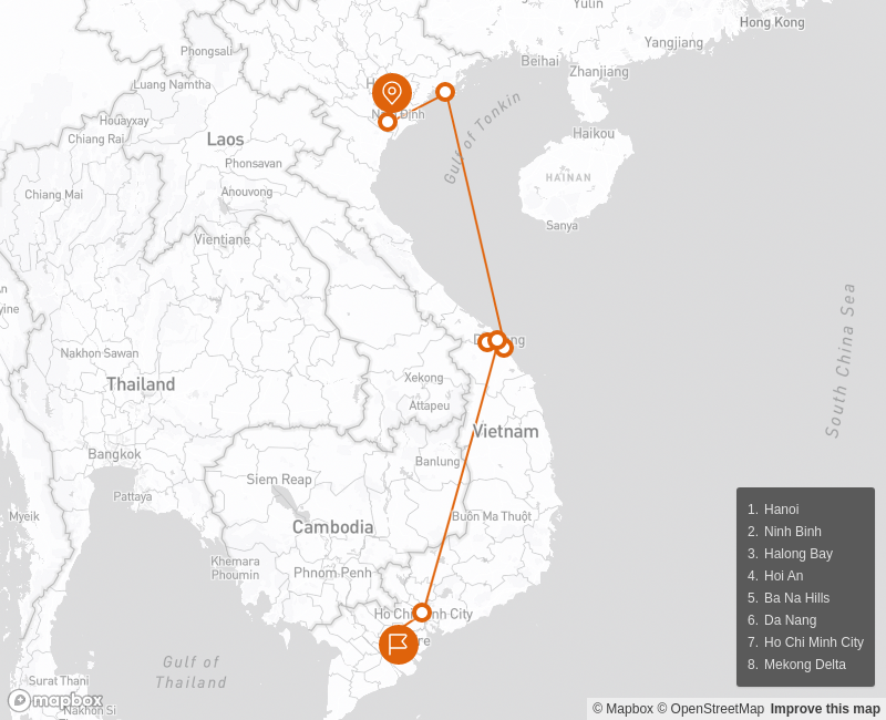 Epic Vietnam from North to South in Group 10 days Route Map