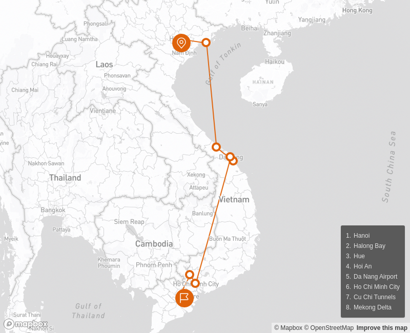 From North to South Vietnam Family Holidays 11 days Route Map