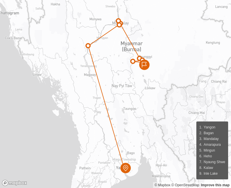 Healthy Tour in Myanmar 11 Days Route Map