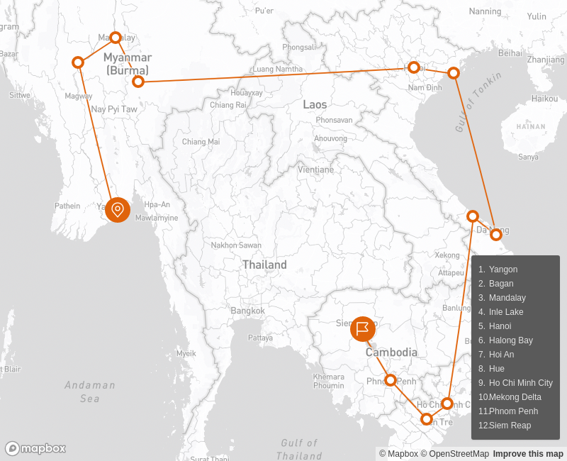 Highlights of Myanmar, Vietnam & Cambodia 21 days Route Map