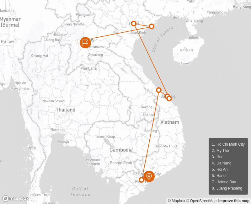 Impressive Vietnam & Laos in Luxury 14 days - Private Tour Route Map