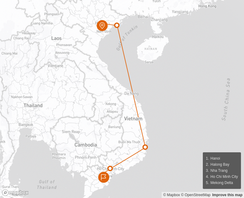North & South Vietnam Exploration Group Tour 7 days Route Map