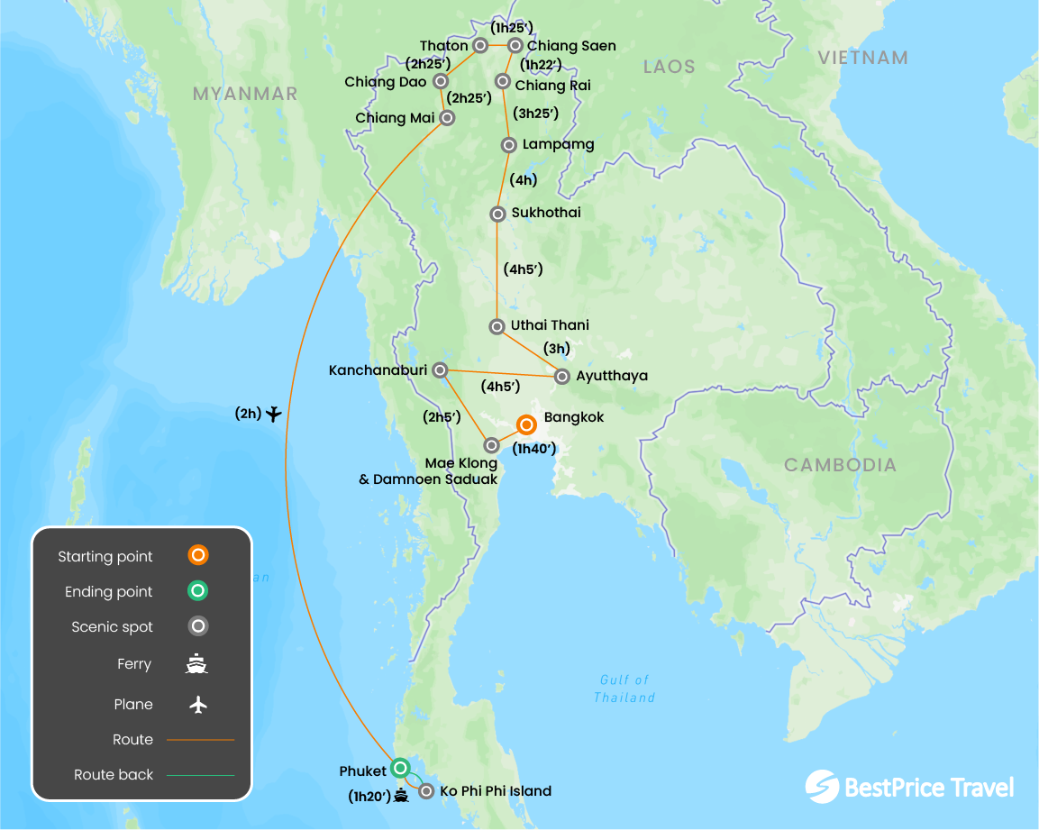 Thailand Family Private Package 3 Weeks Tour Map