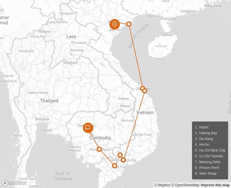 Vietnam - Cambodia Exclusive & Luxury Mekong Cruise 18 Days Route Map