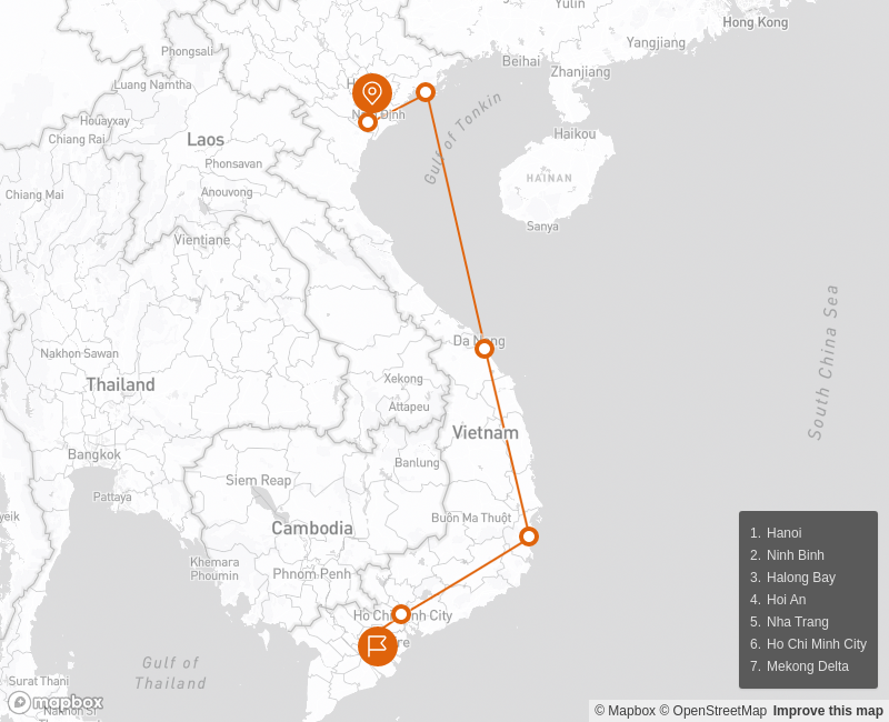 Vietnam Family Holiday with Beach Vacation 15 days Route Map