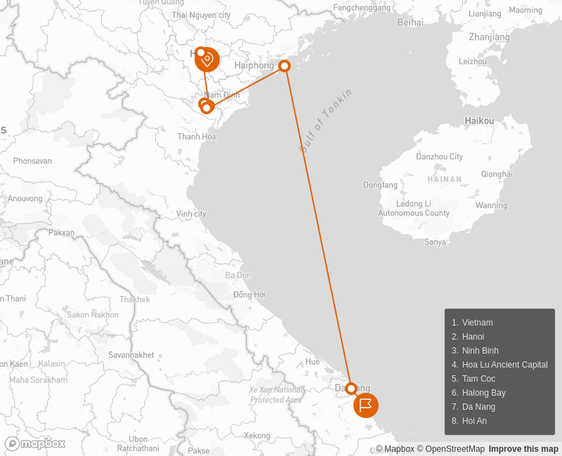 Vietnam Memorable Honeymoon Trip 8 days Route Map